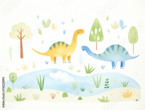 Dinosaur World, cute whimsical modern water color illustration, isolated on white background.