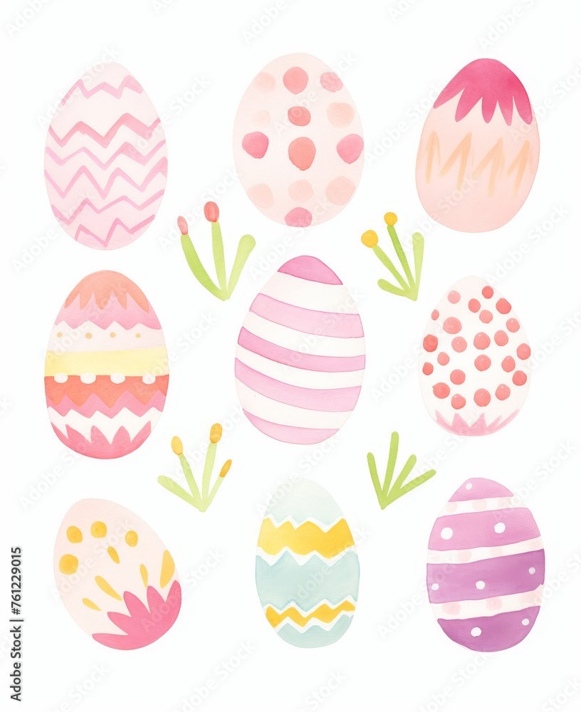easter eggs, cute whimsical modern water color illustration, isolated on white background.