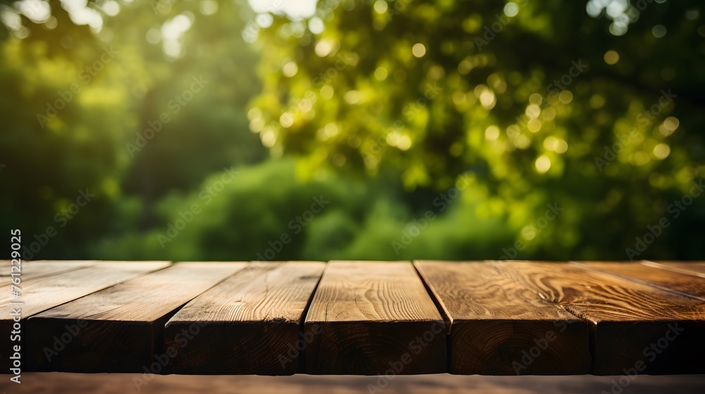 blank wooden table on the background of green trees