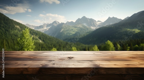 blank wooden table on the background of green spring mountain