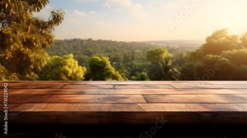 blank wooden table on the background of green spring forest