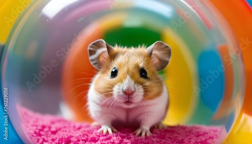 A Hamster Peeking Out From A Colorful Hamster Ball