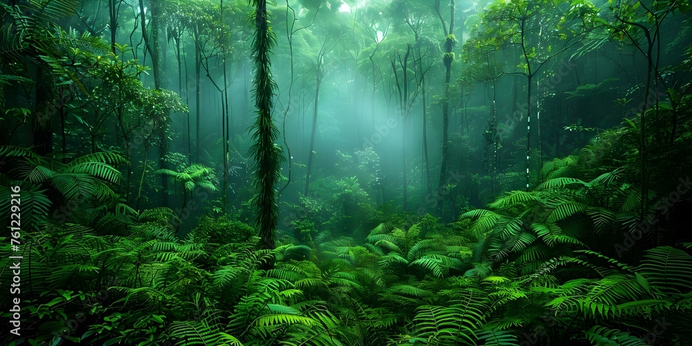 Lush rainforest teeming with diverse plants and wildlife vital for ecosystem health. Concept Rainforest Biodiversity, Ecosystem Health, Wildlife Conservation, Lush Vegetation, Habitat Preservation