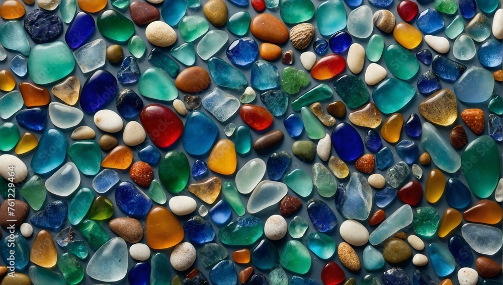 A close-up shot of a vibrant collection of sea glass pieces, showcasing a variety of colors, shapes, and textures A close-up shot of a vibrant collection of sea glass pieces, showcasing a variety of colors, shapes, and textures