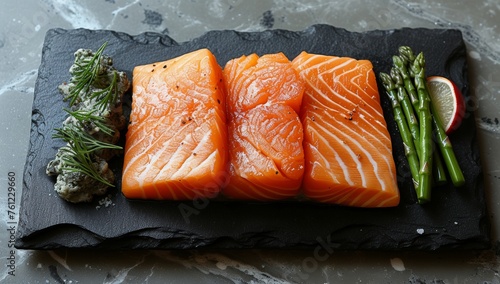 Freshly cut salmon fillets on a slate with asparagus, epitomizing gourmet and healthy eating