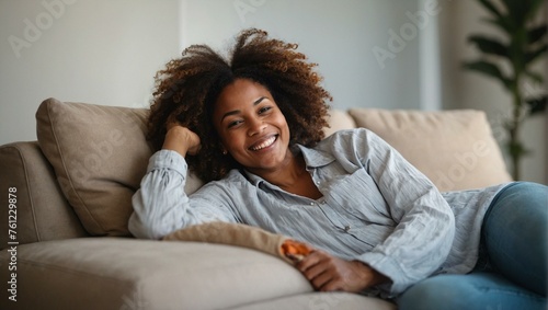 A cheerful young woman reclining comfortably on a sofa with a friendly and relaxed expression, embodying leisure and contentment
