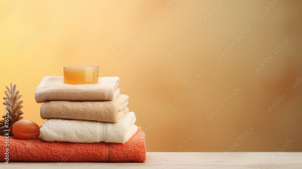 Colored terry towels in a stack on a light background, folded soft bath towels, cosmetics in the background. Bathroom. Colored terry towels in a stack on a light background, folded soft bath towels, cosmetics in the background. Bathroom.