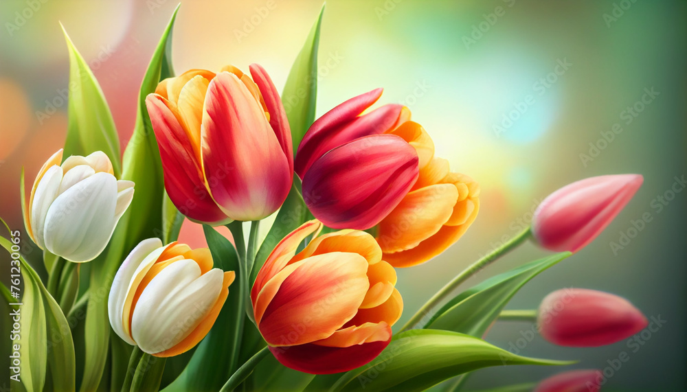 Fototapeta premium Spring tulip bouquet on blurred bokeh background, isolated flowers. Bright colourful composition. Generative AI