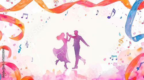 A man and a woman are gracefully dancing together in a vibrant painting. Their movements are fluid and synchronized, expressing passion and connection. Banner. Copy space