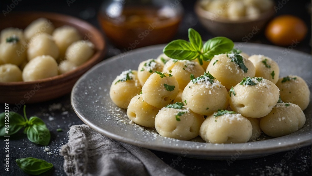 Delicious homemade gnocchi served with a basil leaf garnish on a textured surface, portraying Italian traditional cuisine Delicious homemade gnocchi served with a basil leaf garnish on a textured surface, portraying Italian traditional cuisine