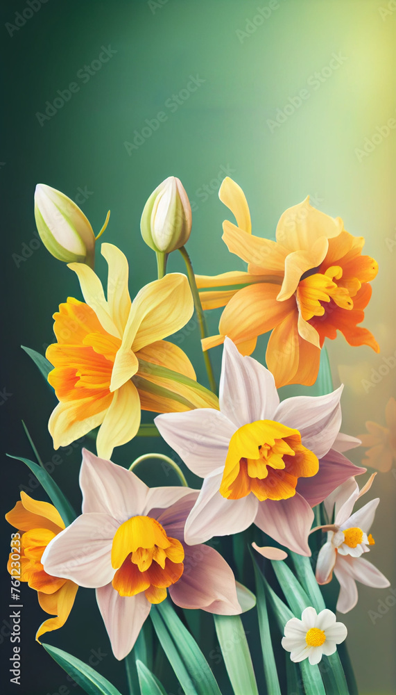 Fototapeta premium Narcissus or daffodil spring bouquet, blur multicolour bokeh background. Beautiful vertical composition. Generative AI