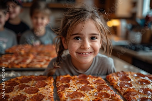 Young Girl Smiles in Front of Large Pizza