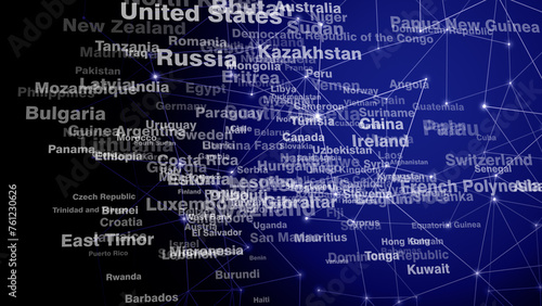 Countries of world exploring connected lines of country names and breaking news in global travel