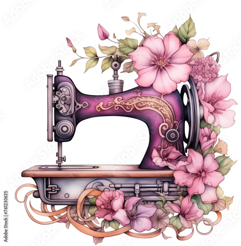 vintage sewing machine, watercolor illustration, clipart, 