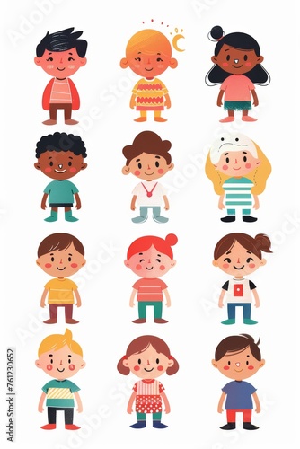 Wallpaper Mural Variety of cartoon vector children in colorful outfits. A diverse group of cartoon children standing in row wearing various colorful outfits representing different styles and personalities  Torontodigital.ca
