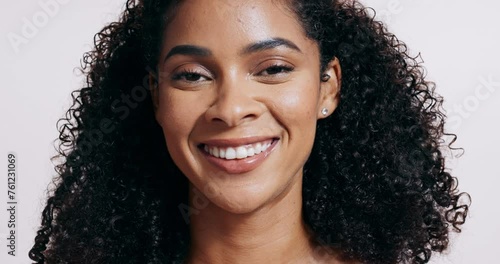 Happy, face and woman with beauty from skincare, dermatology or hair care in white background of studio. African, model and portrait with healthy glow on skin from cosmetics or treatment mockup photo