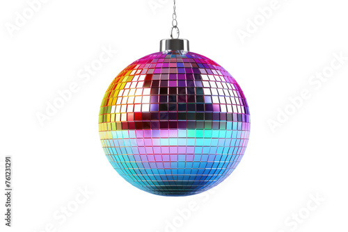 Shimmering Disco Ball Ornament Hanging From Chain. On a White or Clear Surface PNG Transparent Background.
