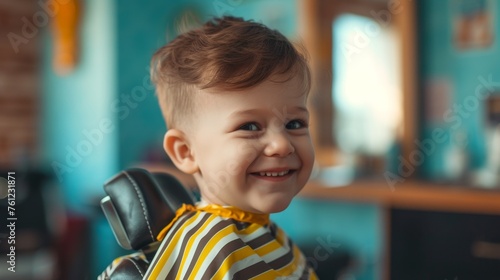 Smiling boy with stylish haircut in barbershop