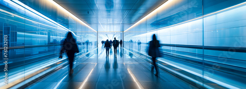 Busy professionals navigating through office corridors in a dynamic building walkway