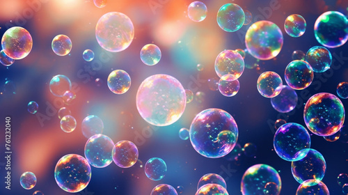 Isolated summer soap bubbles flying on multicolour gradient background. Generative AI