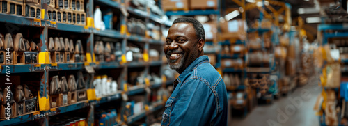 Joyful African Man Selecting Tools in Hardware Warehouse photo