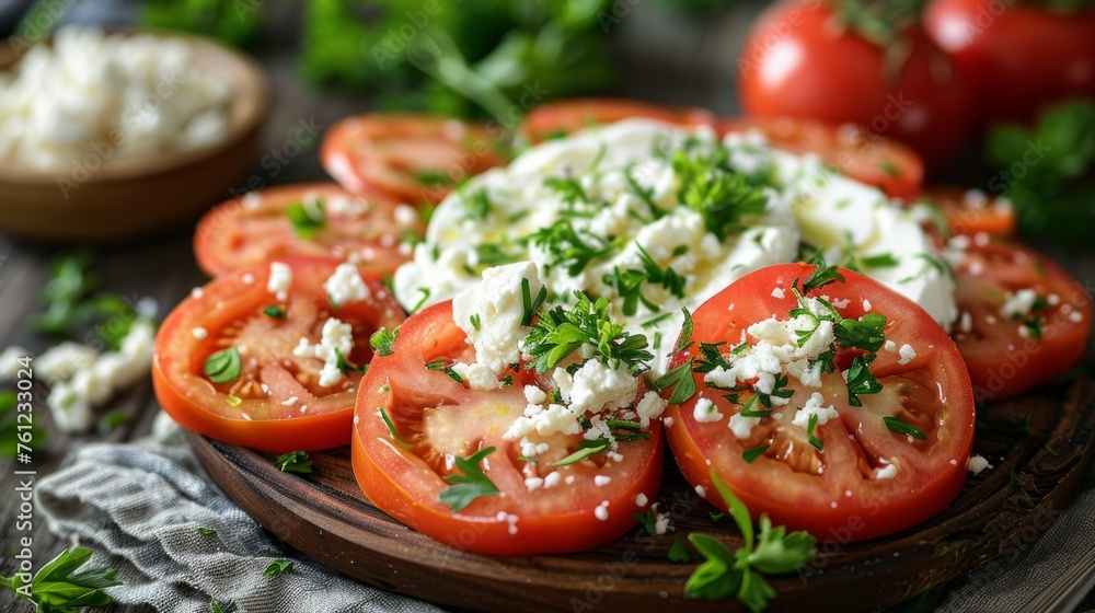 Caprese salad with mozzarella, tomato, basil and balsamic vinegar arranged on white plate Caprese salad with mozzarella, tomato, basil and balsamic vinegar arranged on white plate