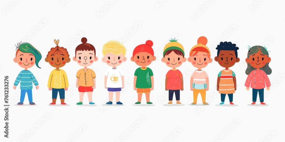 Fototapeta premium Variety of cartoon vector children in colorful outfits. A diverse group of cartoon children standing in row wearing various colorful outfits representing different styles and personalities 