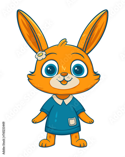 Vector cartoon bunny girl. Orange rabbit in a blue dress with flower and big blue eyes. Vector illustration of animal for postcard or clothes. Vector illustration isolated on white background