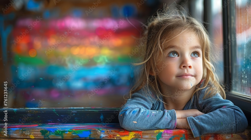A child draws a rainbow on his window on Autism Awareness Day, 2 April; quarantine of the Coronavirus pandemic. Children create art, paint, and create. - obrazy, fototapety, plakaty 