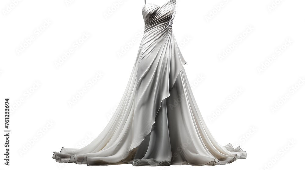 A white dress elegantly drapes over a mannequin on a pure white background