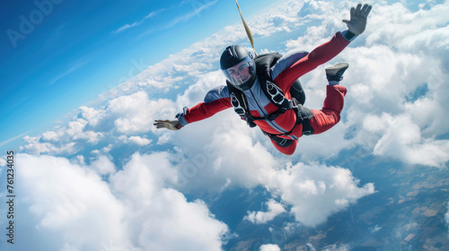Skydiving man in red suit above clouds