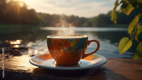 Lakeside Coffee Delight: Embrace the Morning Calm _ai illustration