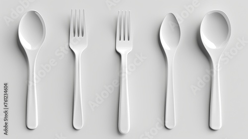 Realistic white plastic cutlery isolated on white background with disposable plastic spoon, knife, and fork icons.