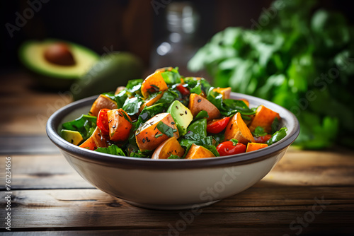 Sweet potato salad with avocados  tomatoes and spinach in a white bowl on a wooden table
