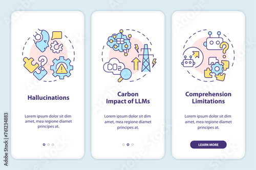 LLM limitations onboarding mobile app screen. Artificial intelligence. Walkthrough 3 steps editable graphic instructions with linear concepts. UI, UX, GUI template. Myriad Pro-Bold, Regular fonts used