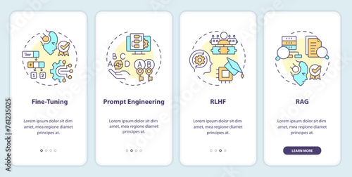 LLM tuning methods onboarding mobile app screen. Machine learning. Walkthrough 4 steps editable graphic instructions with linear concepts. UI, UX, GUI template. Myriad Pro-Bold, Regular fonts used