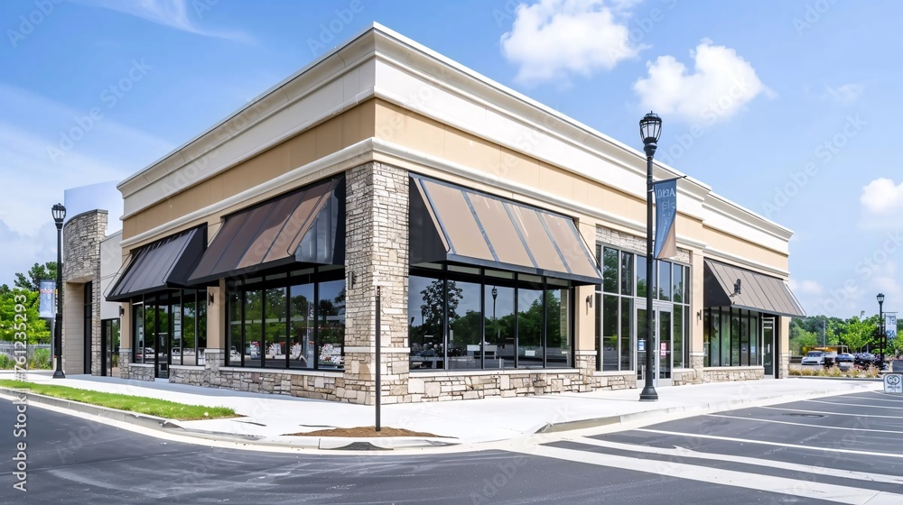Newly built mixed-use property with awning offers commercial retail and office space for purchase or rent.