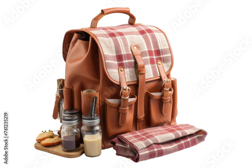 Brown Backpack With Checkered Blanket. On a White or Clear Surface PNG Transparent Background.