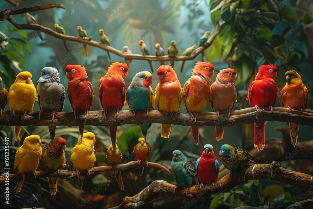 Fototapeta premium Professional Photography of a Colorful Array of Tropical Birds Perched on Branches in a Lush Aviary, Generative AI
