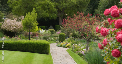 Idyllic scene with vibrant flowers and winding pathway, perfect for peaceful garden retreat.