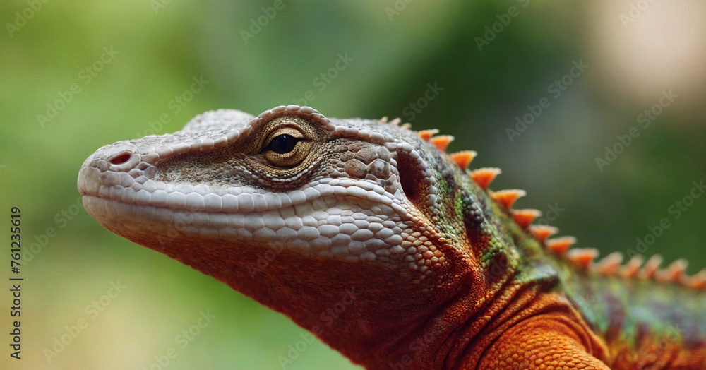 Smiling gecko with vibrant yellow and orange scales poses against green background. Smiling gecko with vibrant yellow and orange scales poses against green background.