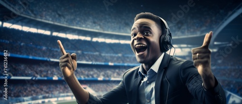 Football commentator with headphones, gesturing excitedly, with a blurred football stadium photo