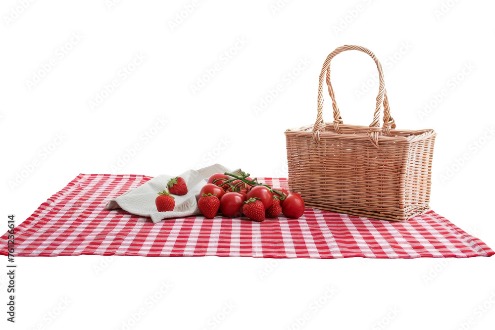 Basket of Strawberries and Plate on Table. On a Transparent Background.