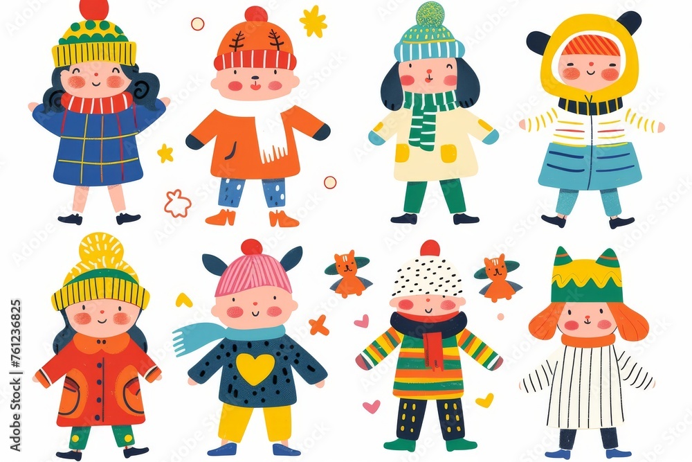 Fototapeta premium Variety of cartoon vector children in colorful outfits. A diverse group of cartoon children standing in row wearing various colorful outfits representing different styles and personalities 