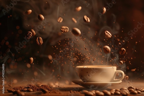 Coffee cup and coffee beans with steam on brown background.