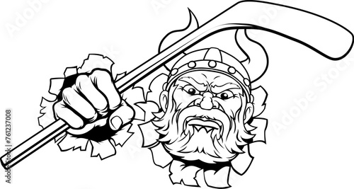 A viking hockey sports mascot cartoon character holding a stick
