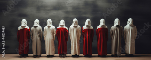 A group of mysterious figures in white and red hooded robes stand in a straight row, creating a captivating and intriguing scene. Banner. Copy space