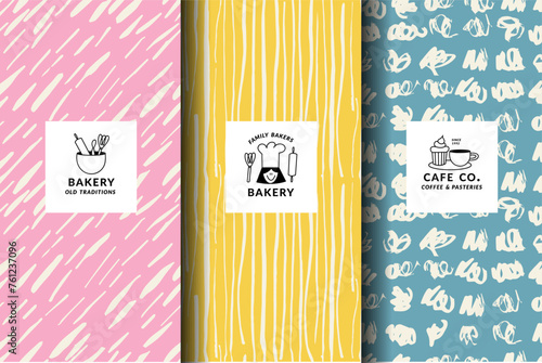 Vector set of design templates and backgrounds for bakery packaging in trendy sketch linear style. Hand drawn doodles elements with design label