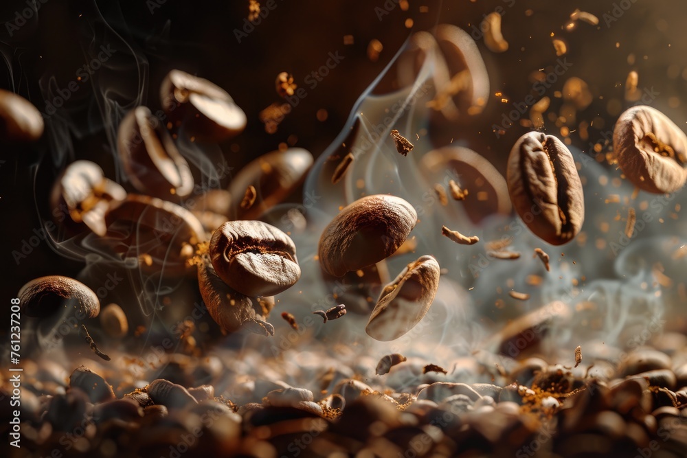 Roasted coffee beans flying in the air with smoke on dark background Roasted coffee beans flying in the air with smoke on dark background