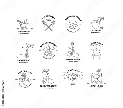 Vector set illustration logos and design templates or badges. Organic and eco honey labels and tags with bees. Linear style